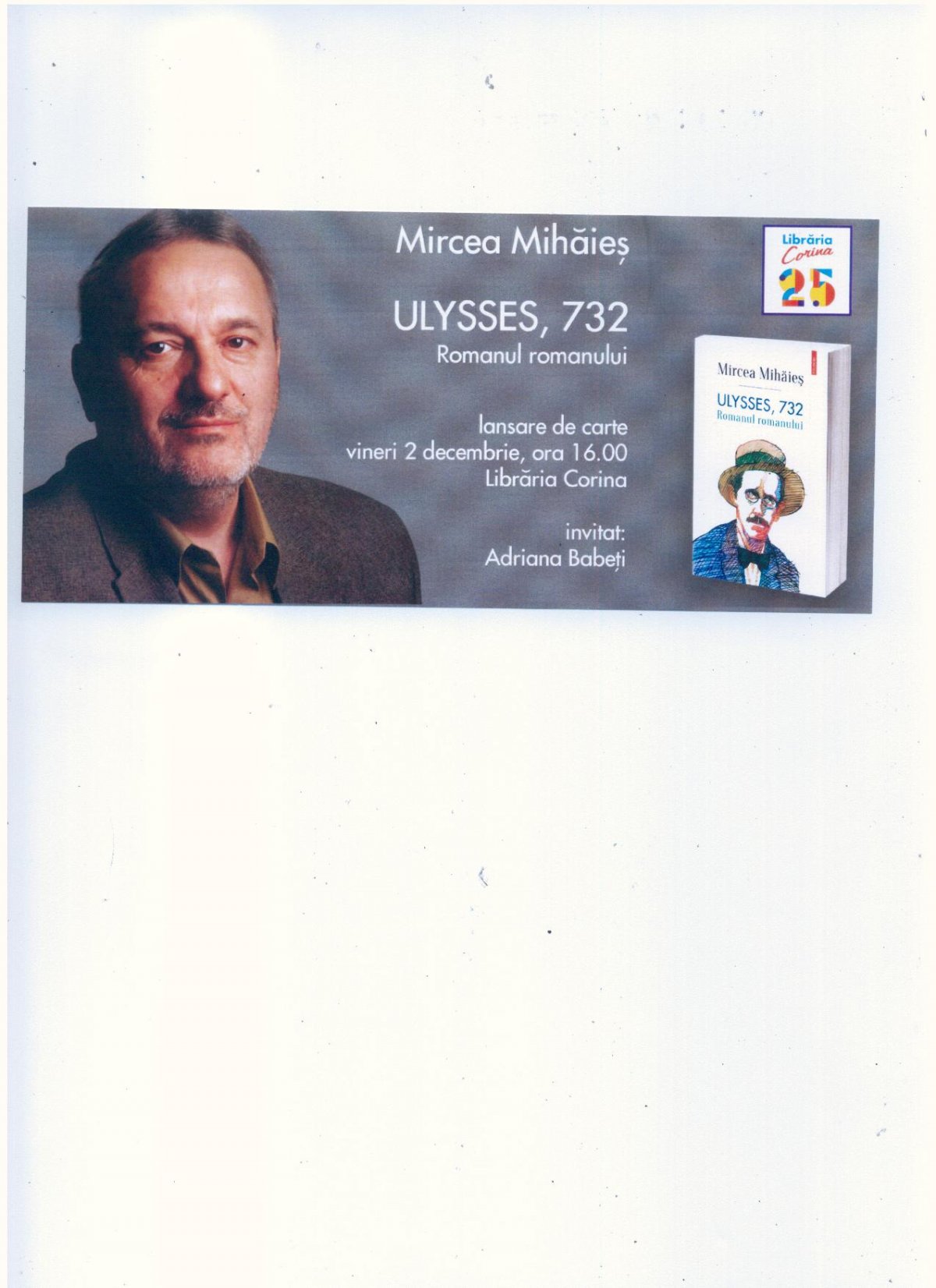 Mircea Mihăieş va lansa la Arad ultimul său volum: „Ulysses, 732. Romanul romanului”