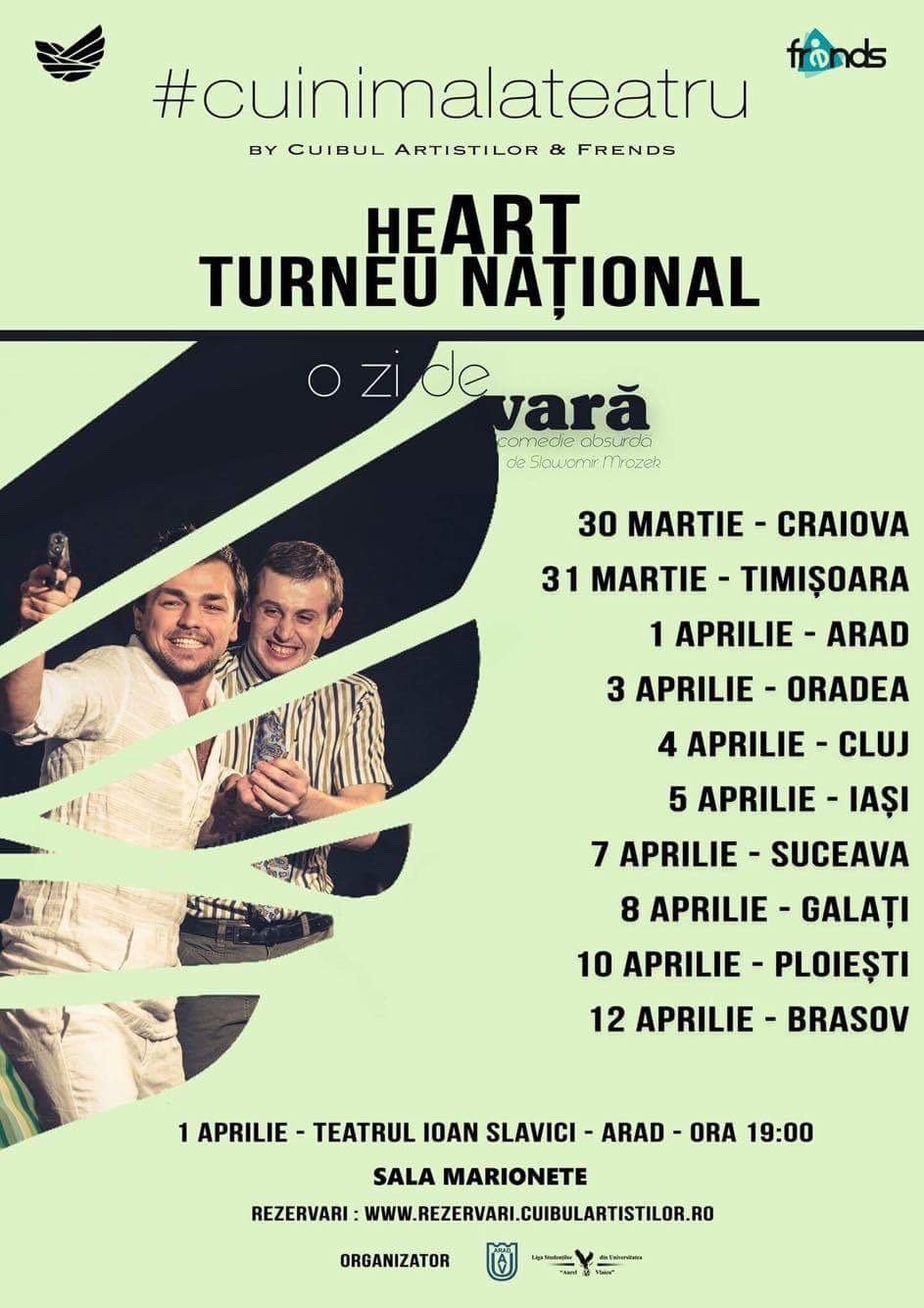 Pe 1 aprilie Cuibul Artistilor ajunge in Arad cu turneul caritabil “heART – cu inima la teatru” in parteneriat cu Liga studentilor din Universitatea Aurel Vlaicu