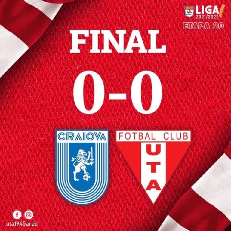 Şapte meciuri fără victorie: după un joc bun, UTA pierde două puncte pe terenul Craiovei