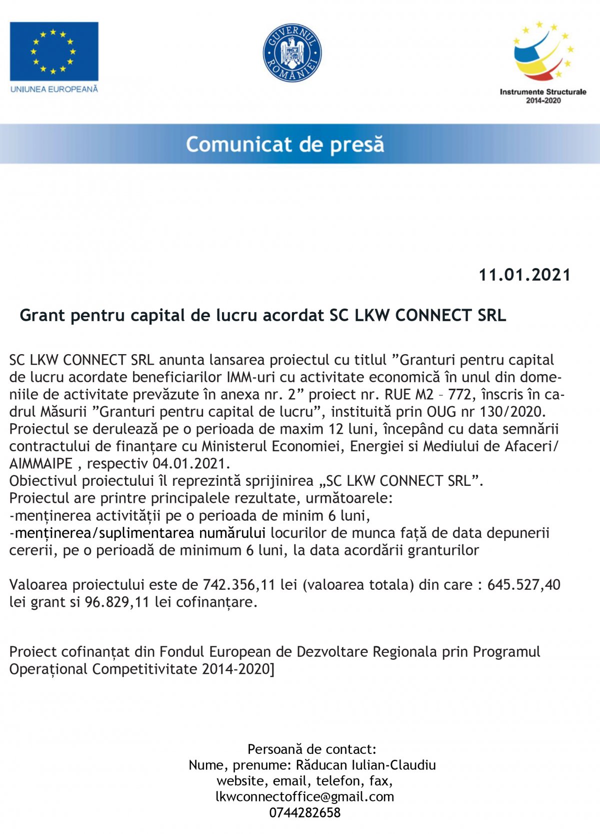 Anunț proiect Grant pentru capital de lucru acordat SC LKW CONNECT SRL