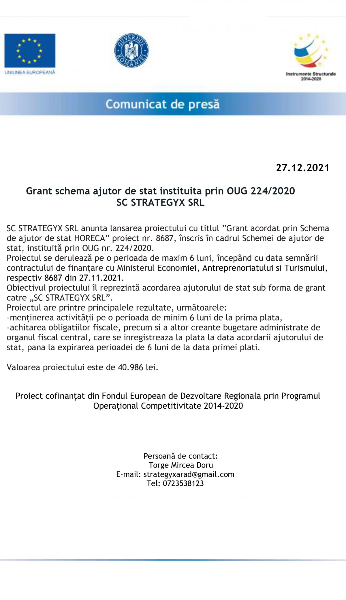 Grant schema ajutor de stat instituita prin OUG 224/2020 SC STRATEGYX SRL