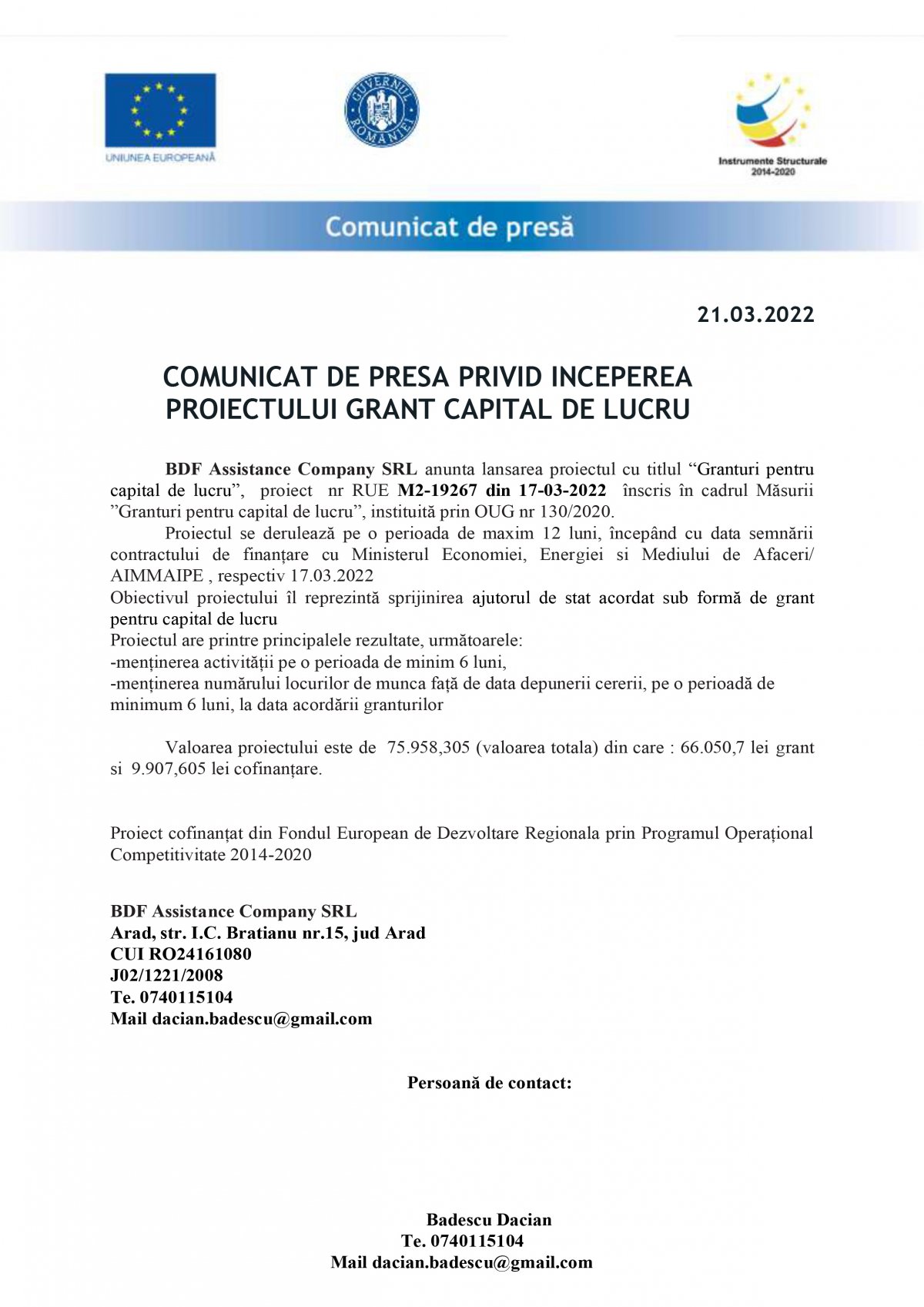 COMUNICAT DE PRESA PRIVID INCEPEREA PROIECTULUI GRANT CAPITAL DE LUCRU