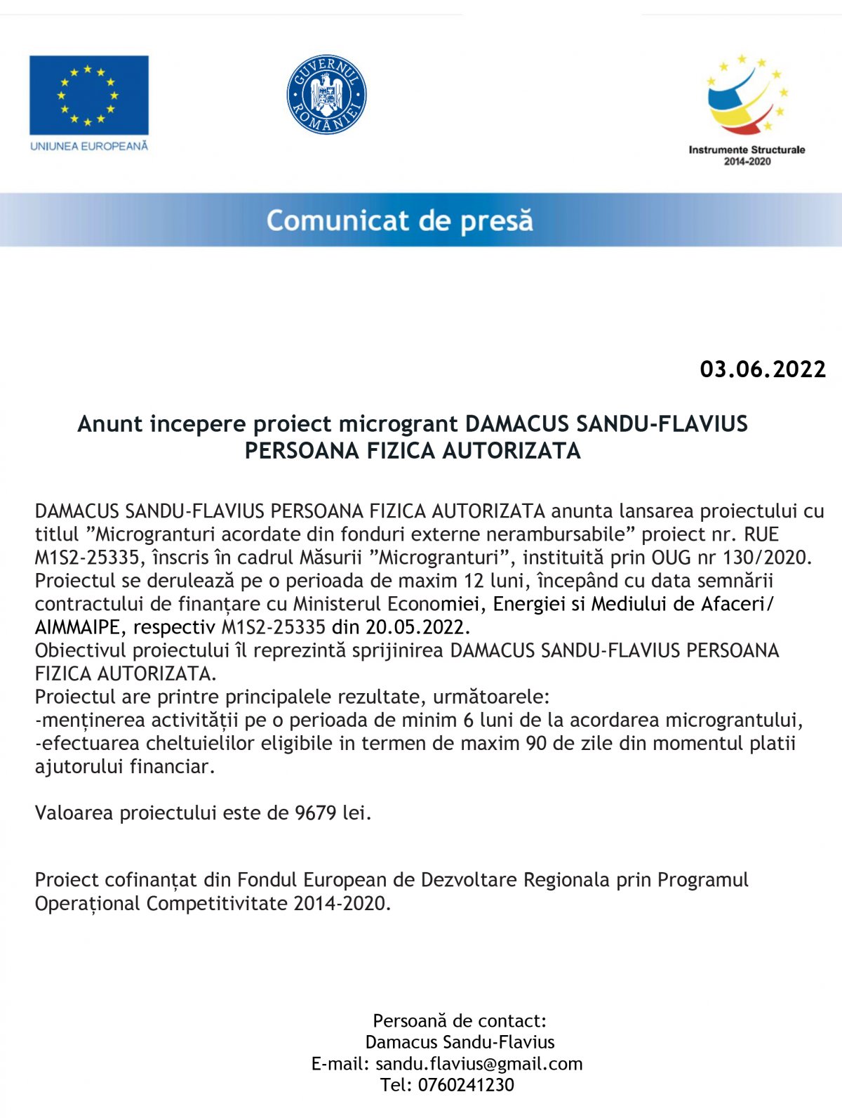 Anunt incepere proiect microgrant DAMACUS SANDU-FLAVIUS  PERSOANA FIZICA AUTORIZATA