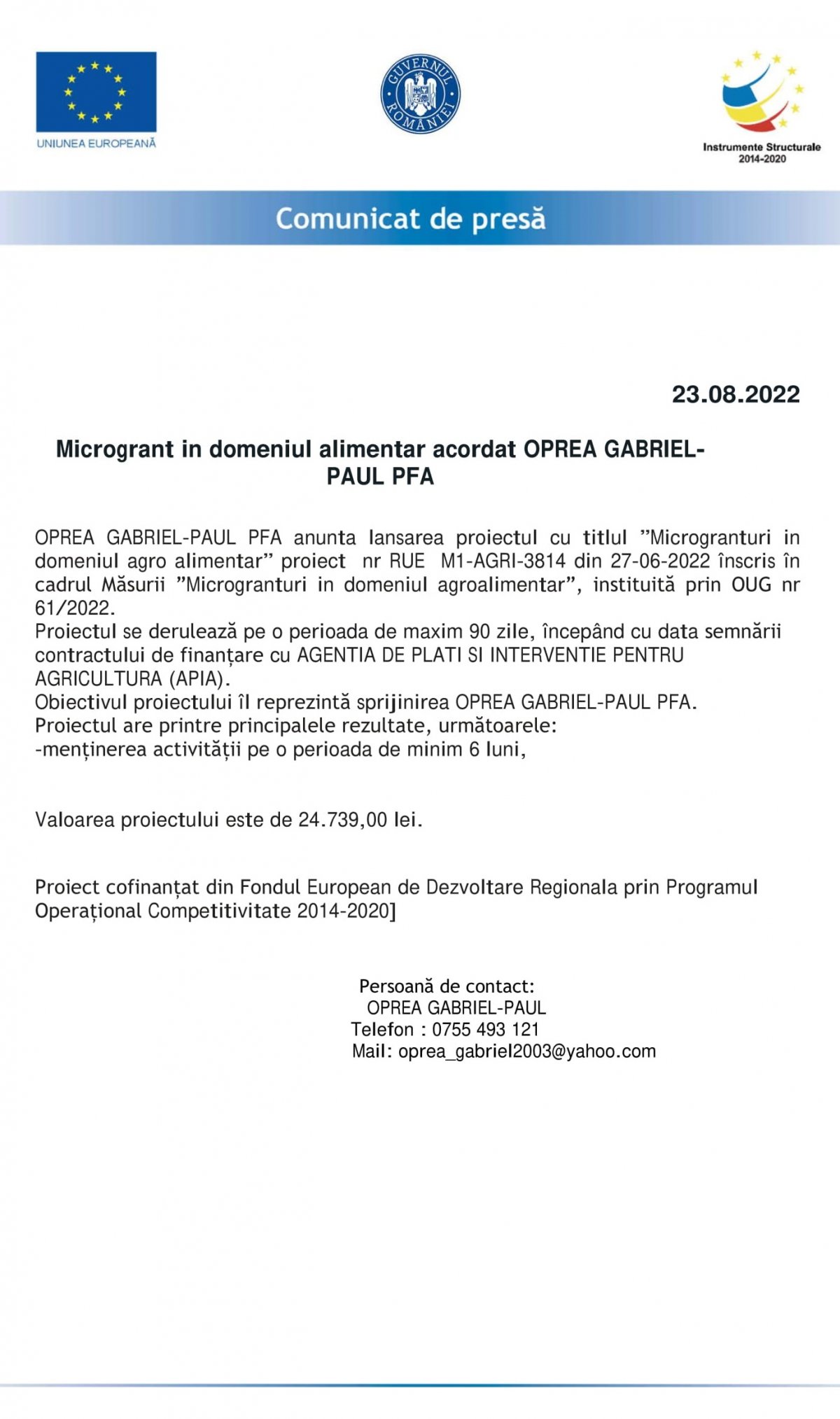 Microgrant in domeniul alimentar acordat OPREA GABRIEL - PAUL PFA