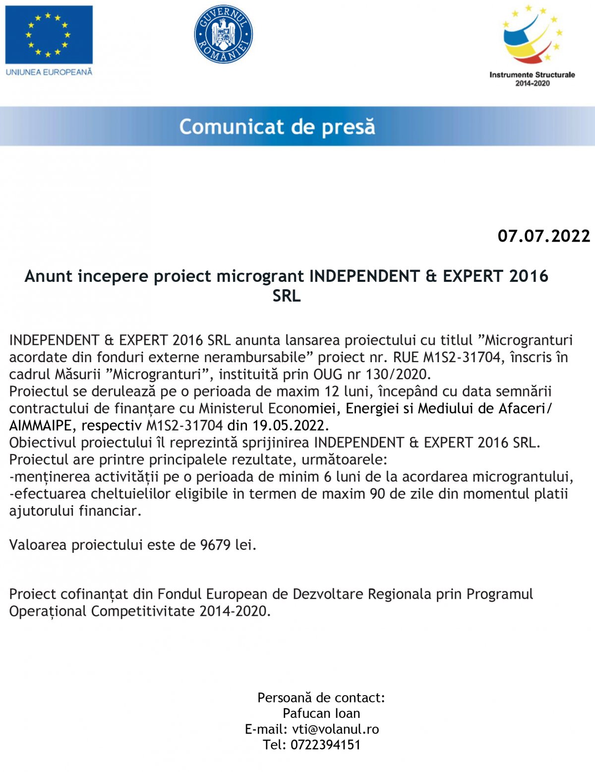 Anunt incepere proiect microgrant INDEPENDENT & EXPERT 2016  SRL