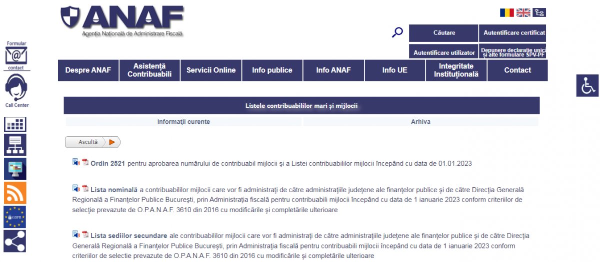 Fiscul a dat publicităţii lista contribuabililor mijlocii care vor fi gestionaţi de administrațiile județene ale finanțelor publice