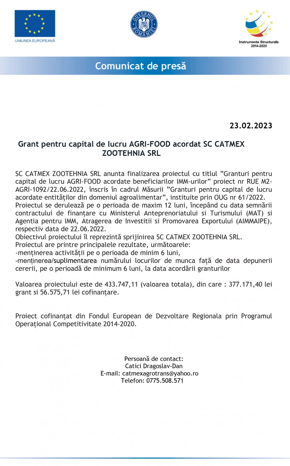 Grant pentru capital de lucru AGRI-FOOD acordat SC CATMEX ZOOTEHNIA SRL