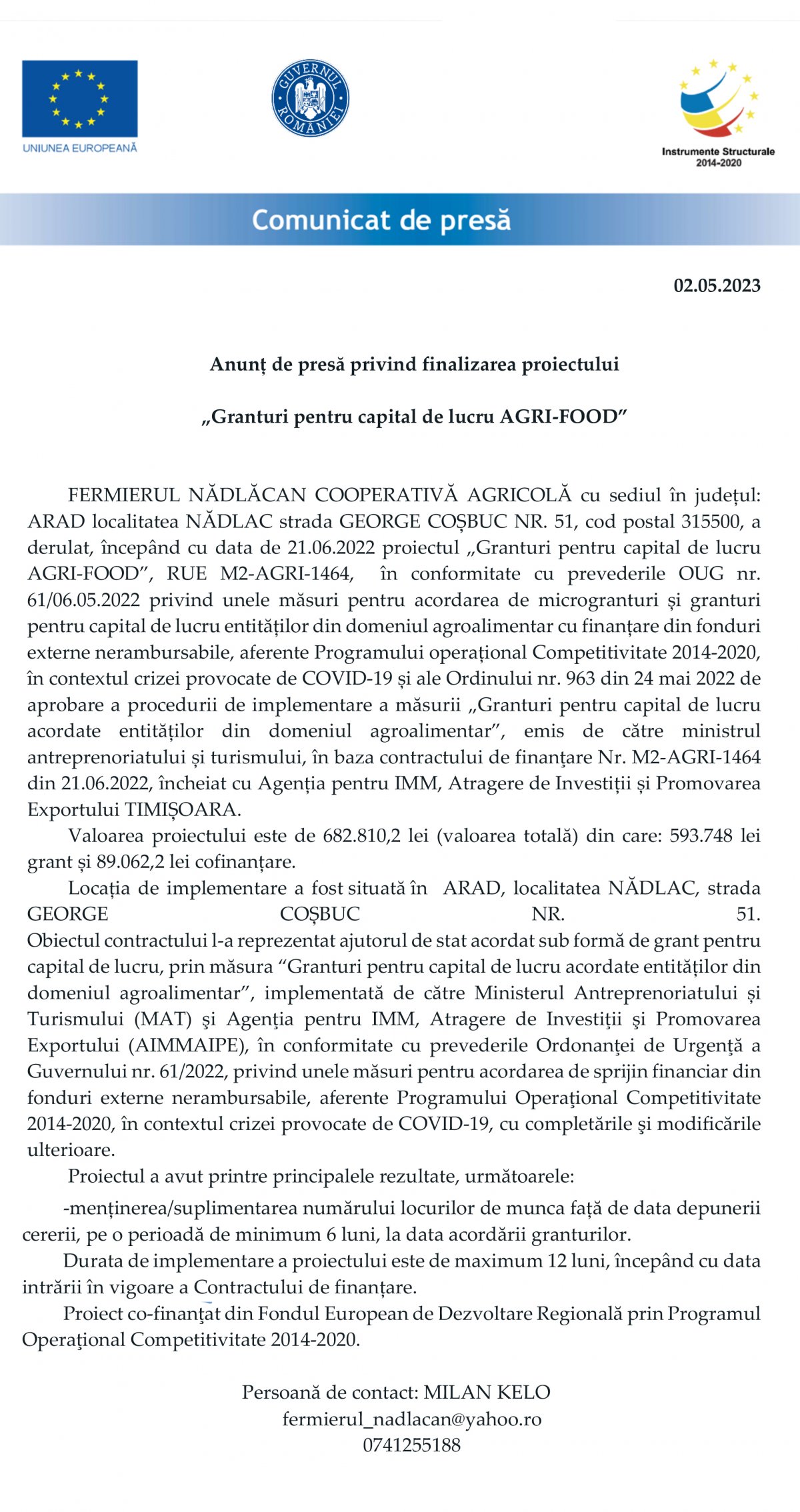 Anunț de presă privind finalizarea proiectului  „Granturi pentru capital de lucru AGRI-FOOD”