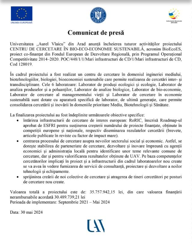  Încheierea proiectului CENTRU DE CERCETARE ÎN BIO-ECO-ECONOMIE SUSTENABILĂ