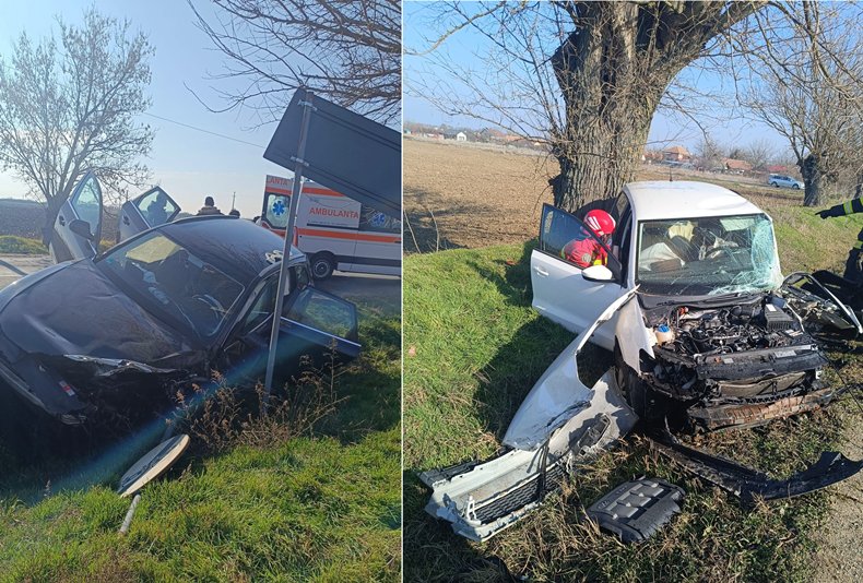 Accident între două autoturisme la ieșirea din Călugăreni spre Felnac / UPDATE: Patru victime dintre care trei au rămas blocate în mașini